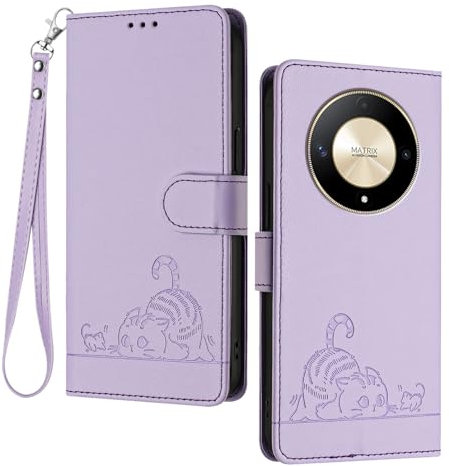 GOGME Cover per Huawei Honor Magic 6 Lite / Magic6 Lite - Gatto Carino in Rilievo in Pelle Portafoglio Custodia con/Slot per Carte/Blocco RFID/Funzione Stand, Viola