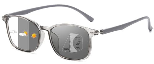 Lanomi Gleitsichtbrille Herren Damen Selbsttönende Gleitsicht Lesebrille Rechteck Progressive Multifokal Brille Photochrome Lesesonnenbrille mit UV400 Schutz Grau Gleitsichtbrillen 1.5