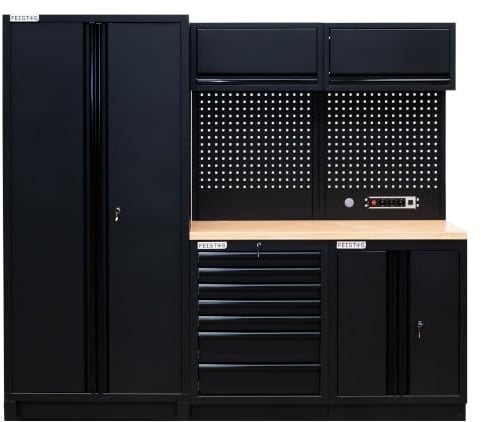 FEISTOS Werkstatteinrichtung EOS 1 Blackline 228x61x200 cm inkl. Lochwand | In monochromem Schwarz RAL 9005 mit robuster Multiplex-Arbeitsplatte, integrierter Steckerleiste mit Steckdosen und USB.
