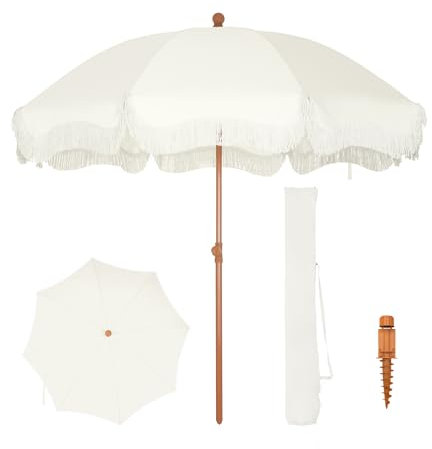 PHI VILLA Beach Umbrella 2M, Portable Fringed Garden Parasol with Ground Drill, Boho Patio Umbrella Round with Carry Bag, Outdoor UV Sun Shade Wind Resistant for Balcony Terrace, UPF 50+, Ivory