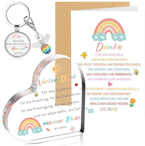 Sinmoe 4 Stück Erzieherin Abschiedsgeschenke Set Kleine Menschen Brauchen So Große Herzen Wie Deins Schlüsselanhänger mit Herzförmiges Acryl Schild Regenbogen Karte Umschlag für Lehrer(Bonbonfarben)