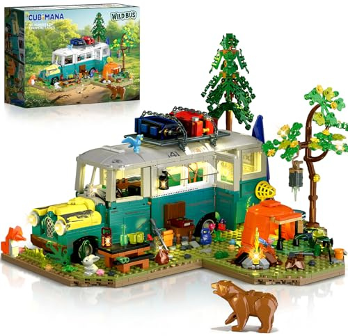 CUBIMANA Wildnis-Bus-Bauset mit Licht, 1392PCS Camping-Bauspielzeug-Set mit abnehmbarem Bus, Tieren und Zubehör, kreative Heimdekoration und Ausstellungsstück, Geschenk für Erwachsene und Jugendliche