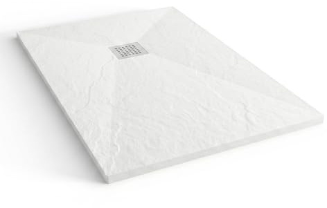 Plato de Ducha Resina Rectangular Antideslizante Pizarra 110x80 Blanco | Valvula de 52 l/min Incluida que Evacua Sin Charcos, Superficie Antibacteriana, Aligerado a 28 kg/m2, 3 Años de Garantia