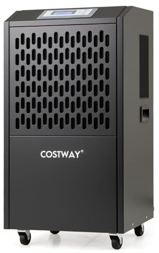 COSTWAY 120L/Day Commercial Dehumidifier, Industrial Air Dehumidifiers Building Dryer with 24H Timer, Auto Defrost, Memory Starting, Drain Hose, Wheels & Handle, Large Spaces up to 500㎡ (Black)