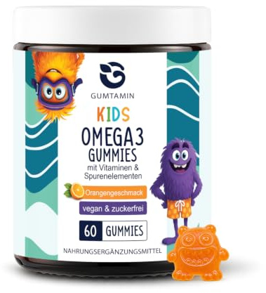 Gumtamin Omega 3 Kinder Gummibärchen | Für Kinder ab 4 Jahren, Orangengeschmack, 60 vegane Gummies, Mit Vitaminen & Mineralstoffen, zuckerfrei