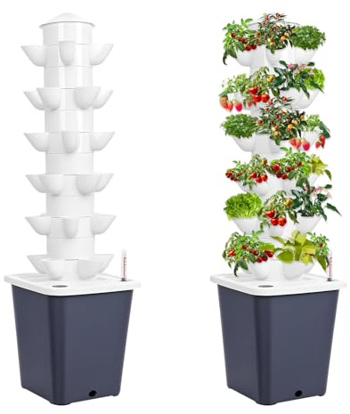 30 Pods Hydroponik-Turm, 6 Etagen Hydroponics Tower Vertical Garden Growing System, Hydrokultur-Anbausystem mit Hydratationspumpe Wasserstandsanzeiger Timer Adapter Netztöpfen, für Kräuter Obst Gemüse