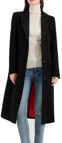 The Platinum Tailor Women’s Black 70% Wool & Cashmere Covert Overcoat – Winter Coat with Velvet Collar, Red Satin Lining & Concealed Fastening