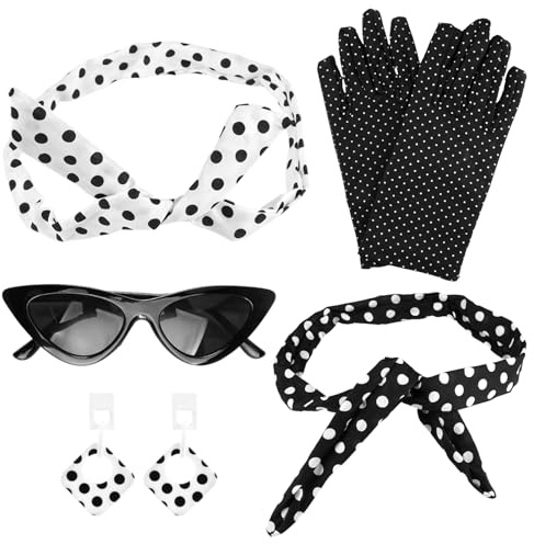 EXIN DECHEN Rockabilly Accessoires Set 50er Jahre, Damen, 5 Stück | Schal, Handschuhe, Sonnenbrille, Ohrringe, Vintage Kostüm Zubehör