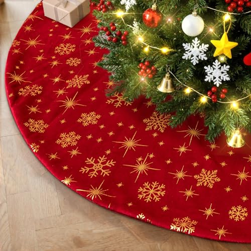 Lanpn Albero di Natale Gonna Copertura di Base Velluto Pannello Esterno Grande Fiocco di neve Copertura della Base per Albero di Natale Decorazione Natalizia (Rosso, 90cm)