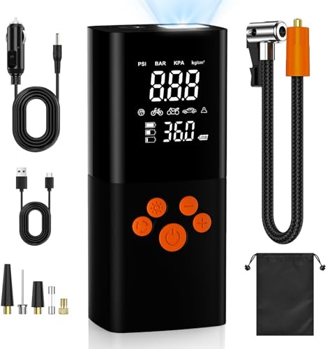 Pompe à air électrique 160 PSI - 10 000 mAh - Batterie Portable avec manomètre - Grand écran/lumière LED - Pompe à air sans Fil avec lumière LED USB - Noir Profond