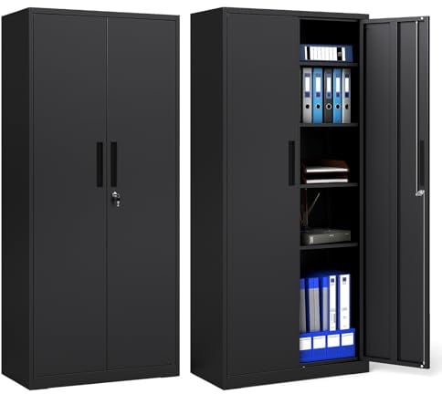 COSTWAY Aktenschrank abschließbar, 180 cm Metallschrank mit Doppeltür | Büroschrank mit 4 verstellbaren Regalen, Mehrzweckschrank Stahl, Werkstattschrank für Büro, Wohnzimmer, Garage, Schwarz