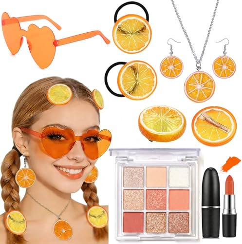 YDUNARISE 9er Aperol Kostüm Damen Accessoires,Orange Schminke mit Halskette Ohrringe Haarspange Haargummi Brille Lippenstift Lidschatten,Süß Obst Karnevalskostüm (Make-up)
