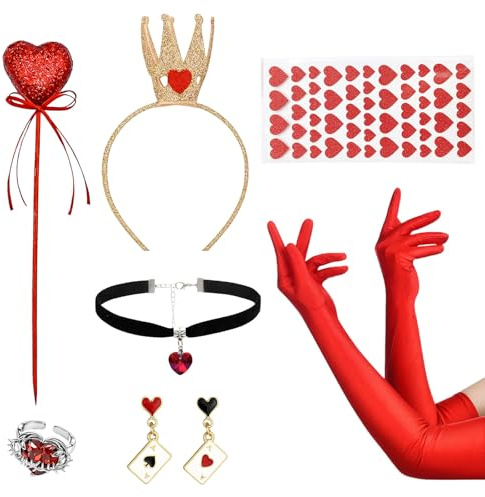 Atomvia 7 Stück Herzkönigin Kostüm Zubehör Rote Herz Königin Krone Handschuhe Ohrringe Halskette Zauberstab Ring Gesichtstattoo, Herzkönigin Kostüm Damen Mädchen Halloween Karneval Cosplay Party