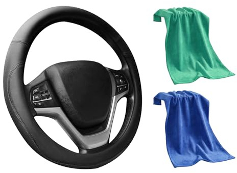 1 Stück Lenkradabdeckung Set inkl 2 Mikrofasertücher Auto Lenkradhülle Kunstleder rutschfest Atmungsaktiv Schutz für Damen Herren Universal 37 bis 39 cm Pkw Zubehör Innenraum Schwarz