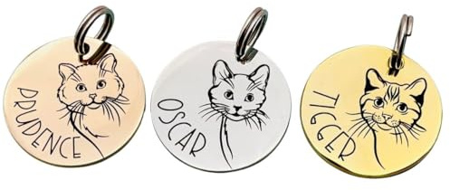 Personalised Cat ID Tag Stainless Steel – Engraved Cat Name & Contact Details – Cute Cat Face Design – Custom Cat Collar Tag in Silver, Gold or Rose Gold
