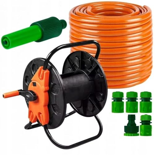 NEO TOOLS Gartenschlauch Set 50m 1/2 Zoll mit Schlauchwagen | Spritze und Anschlussarmaturen, UV Beständig, 4 Lagig, Bewässerungsset für Große Gärten