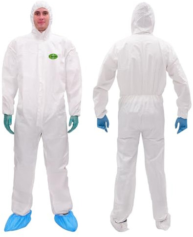 Raygard 30203 Mikroporöser Einweg Overall Schutzanzug mit Kapuze, atmungsaktiv, mit elastischen Bündchen, Knöcheln und Taille, versäuberte Nähte für Spritzlackierung, chemische Industrie (XXL, weiß)