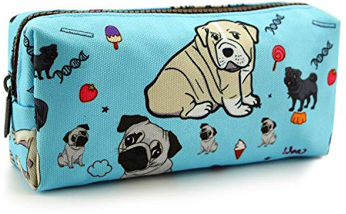 Federmäppchen mit süßen Hunde-Motiven aus Leinen für Stifte und Schreibwaren, auch als Make-up- und Kosmetiktasche geeignet, blau