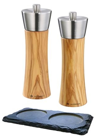 Zassenhaus Set Salzmühle Pfeffermühle Augsburg Olivenholz 18 cm mit Schiefer-Untersetzer