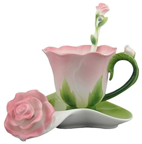 YBK Tech - Set di tazze da caffè in ceramica 3D in porcellana Bone China con tazza da tè e piattino, colore: Rosa