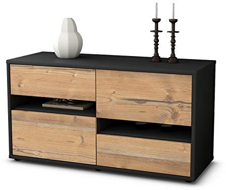 Stil.Zeit TV Schrank Lowboard Alina, Korpus anthrazit matt, Front Holz Design Pinie (92x49x35cm), Push to Open Technik & Leichtlaufschienen