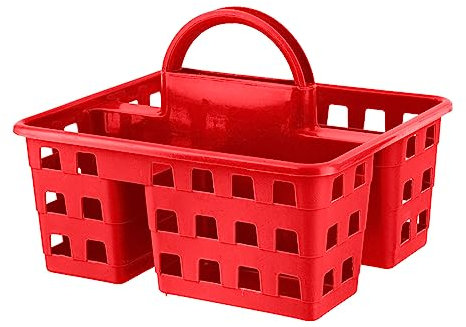 HOMESHOPA Utility Plastic Shower Caddy Basket Organiser with 3 Compartment & Handle, Portable Kitchen Cleaning Supply Handy Storage Tidy Tote Tray Carry Bucket for Bathroom, Kitchen, Dorm Room (Red)