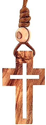 AMPALS, Braune Halskette mit Kreuz, Perlen, Olivenholz, authentisch, handgefertigt in Jerusalem, Schutz für Auto, Geschenk, Box aus Kraftpapier mit Jutekordel, Wohlbefinden, Haus, christliche Party,