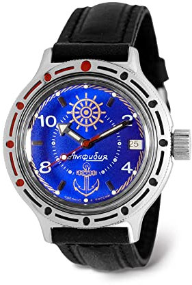 Vostok Sea Captain Amphibian Automatik-Armbanduhr mit Selbstaufzug, 40 mm, WR 200 m, Amphibia 420374, blaues Zifferblatt, mechanische Uhr, leuchtende Punkte, Schwarz Leder, Modern