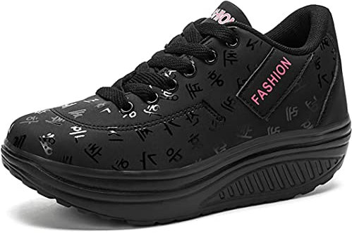 Solshine Damen Fashion Plateau Schnürer Sneakers Dämpfung Keilabsatz Fitnessschuhe 016 Schwarz1 39EU