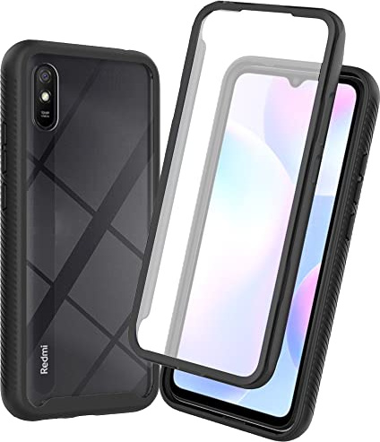 XINNI Cover per Xiaomi Redmi 9AT/Redmi 9A, Protezione Schermo Integrata 360 Gradi Antiurto Custodia, Rugged Doppia Faccia Bumper Trasparente Full Guscio Fronte Retro Case, Nero