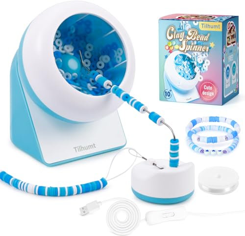 Tilhumt Clay Bead Spinner, Electric Bead Spinner for Jewelry Making, Friendship Bracelets Maker with Needle and Elastic String, Gift for Girls, Patent Design, Blue (Beads Not Included)