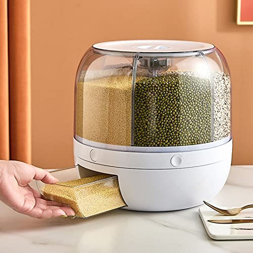 Conteneur de Stockage de Riz et de Céréales à 6 Grilles, Distributeur de Nourriture Sèche Rotatif à 360 ° Boîte de Stockage de Nourriture pour Céréales Seau à Riz avec Couvercle (5 kg)