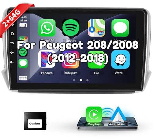10.1-Zoll Carplay Autoradio für Peugeot 208/2008 (2012-2018), Podofo Touchscreen Android 13 2G+64G mit Wireless Carplay Android Auto, Bluetooth/GPS/WiFi/FM/RDS/HiFi/USB/Lenkradsteuerung