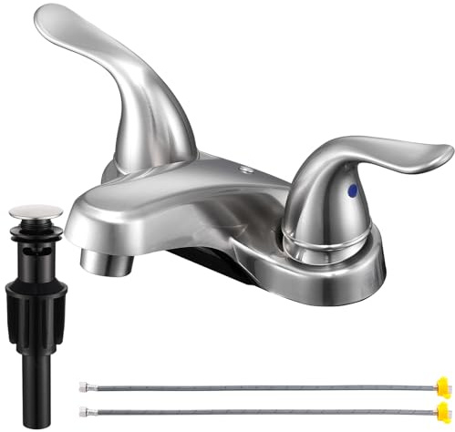 KPWATER Bathroom Sink Faucets 2/3 Hole,Brushed Nickel Dual Handles 4 inch Plastic Plating Over Bathroom Faucet with Pop-up Drain and 2 Supply Hoses for Apartment Rvs Sink Vanity