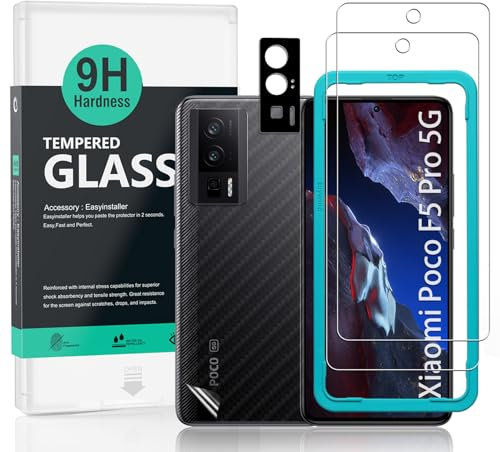 Ibywind Protector de pantalla para Xiaomi Poco F5 Pro 5G(6.67 pulgadas),con 2 piezas de Cristal Templado,1 pieza de protector de lente de cámara,1 pieza de película de fibra de carbono trasera