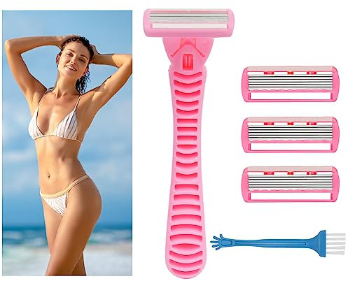 LOPHE Rasierer Damen, Rosa Smooth Rasierklingen, 4 Ersatzklingen mit 6-Fach Klinge für Damenrasierer, Frauenrasierer für Frauen Geschenk