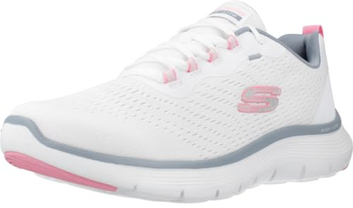 Skechers Damen Flex Appeal 5.0 New PathSneaker, Weißes Netzgewebe, rosafarbener hellblauer Besatz, 35.5 EU