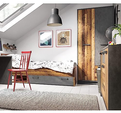 Lomadox Jugendzimmer Set mit Bett 90x200, Kleiderschrank und Sideboard, in grau mit Holz, Kommode, Stauraum, Bettgestell, Kinderzimmer Möbel, Studentenzimmer