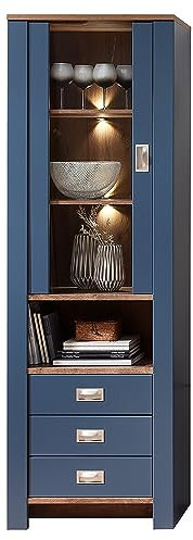 Lomadox Vitrine inkl. LED-Beleuchtung Landhaus Design in blau mit Eiche Nb., Schrank, Wohnzimmerschrank, Vitrinenschrank, B/H/T ca. 65/201/38 cm