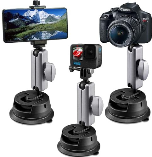 Suptig Support voiture universel à ventouse pour smartphone, GoPro, caméras d'action, reflex numériques, pare-brise, tableau de bord, noir
