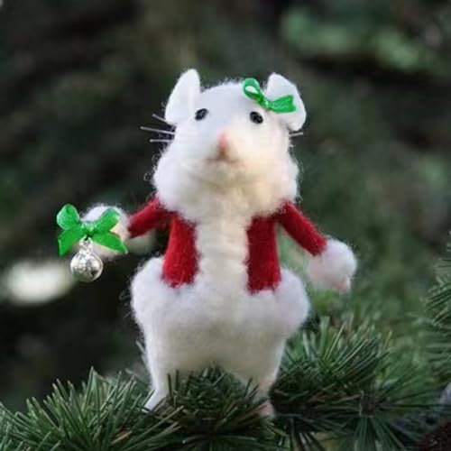HshDUti Christmas Felt Mice Ornaments, Winter Xmas Wool White Mouse Hanging Decor, Felt Animal Crafts Woodland Cute Christmas Tree Wreath Decor for Home Party Supplies E