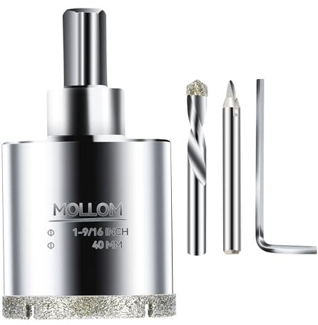 MOLLOM (40mm | 1-9/16) Scie Cloche Diamantée avec 2 Mèches Pilotes Amovibles pour une Coupe Lisse sur les Carreaux en Porcelaine, Verre, Céramique, Marbre, Fibre de Verre, etc