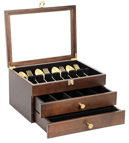Yoimori Silverware Box, 3-Layer Wooden Silverware Storage Box with Glass Lid, 14.5×10.6 Inches Luxury Style Decor Flatware Storage Case for Fine Flatware & Utensils, Gift Idea (Walnut)