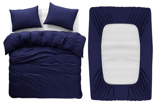 BedLooms 4 Piece Double Bedding Set Navy Duvet Cover Sets Fitted Sheet with Pilow cases Double Duvet Set Soft and Fade Resistant Brushed Microfiber Bedding Quilt Cover Set