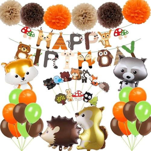 41 Stück Kinder Wald Tier Geburtstagsdeko set, Happy Birthday Banner, Tier Folien Luftballons, 12 Cake Topper, 6 Bunte Pompons, 18 Latex Luftballons, Geburtstag Party Deko für Jungen und Mädchen