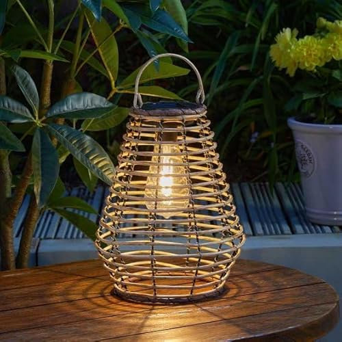 Garden Mile® LED Rattan Solar Lanterns for Patio Decking Outdoor Lighting Patio Tabletop Lanterns Light Garden Decor Home Decor Weaved Light Hanging Outdoor Decor Free Standing 26.5cm (Maris)