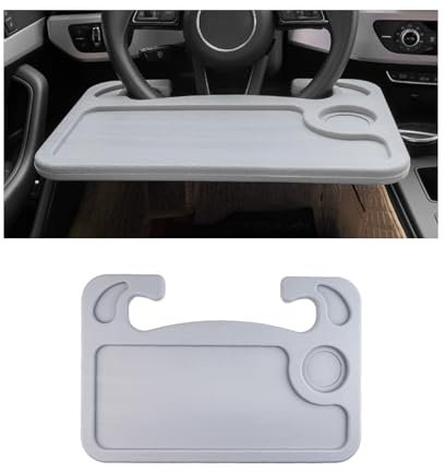 Ohleats 2 in 1 Car Steering Wheel Desk, Hook On Auto Steering Wheel Tray for Food & Laptop, Multifunctional Vehicle Wheel Table with Cup Holder Pen Slot, Road Trip Car Accessories (Gray)