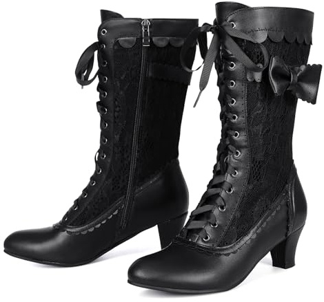 Voviggiw Damen-Stiefel im Vintage-Stil viktorianische Stiefel mittlere Waden Reißverschluss Kostüm Renaissance-Schuhe mittelhoher Absatz Hochzeitskleid-Stiefel Schleifen