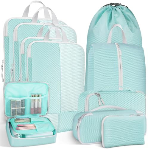 Avmvnvc Organizador de Maleta, 10 Piezas, Bolsas de Compresión Impermeables para Equipaje, Packing Cubes para Ropa, Zapatos y Cosméticos, Azul