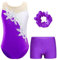 FEESHOW Kinder Turnanzug Mädchen Mit Kurzer Hose Ärmellose Glitzer Pailletten Strass Turntrikot Gymnastik Body Shorts Haargummi Set Violett 134-140